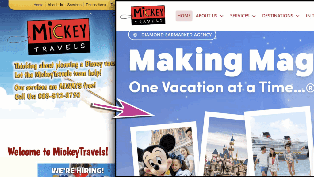 screenshot of old website compared to new redesign